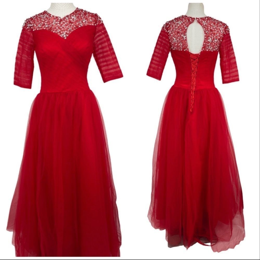 Red cap sleeve layered toole corset back evening gown